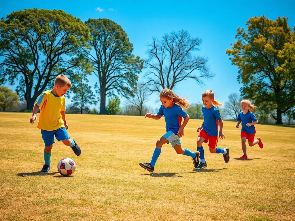 A dynamic image showing children actively participating in a soccer game during a sunny day, wearing sports uniforms and displaying teamwork.