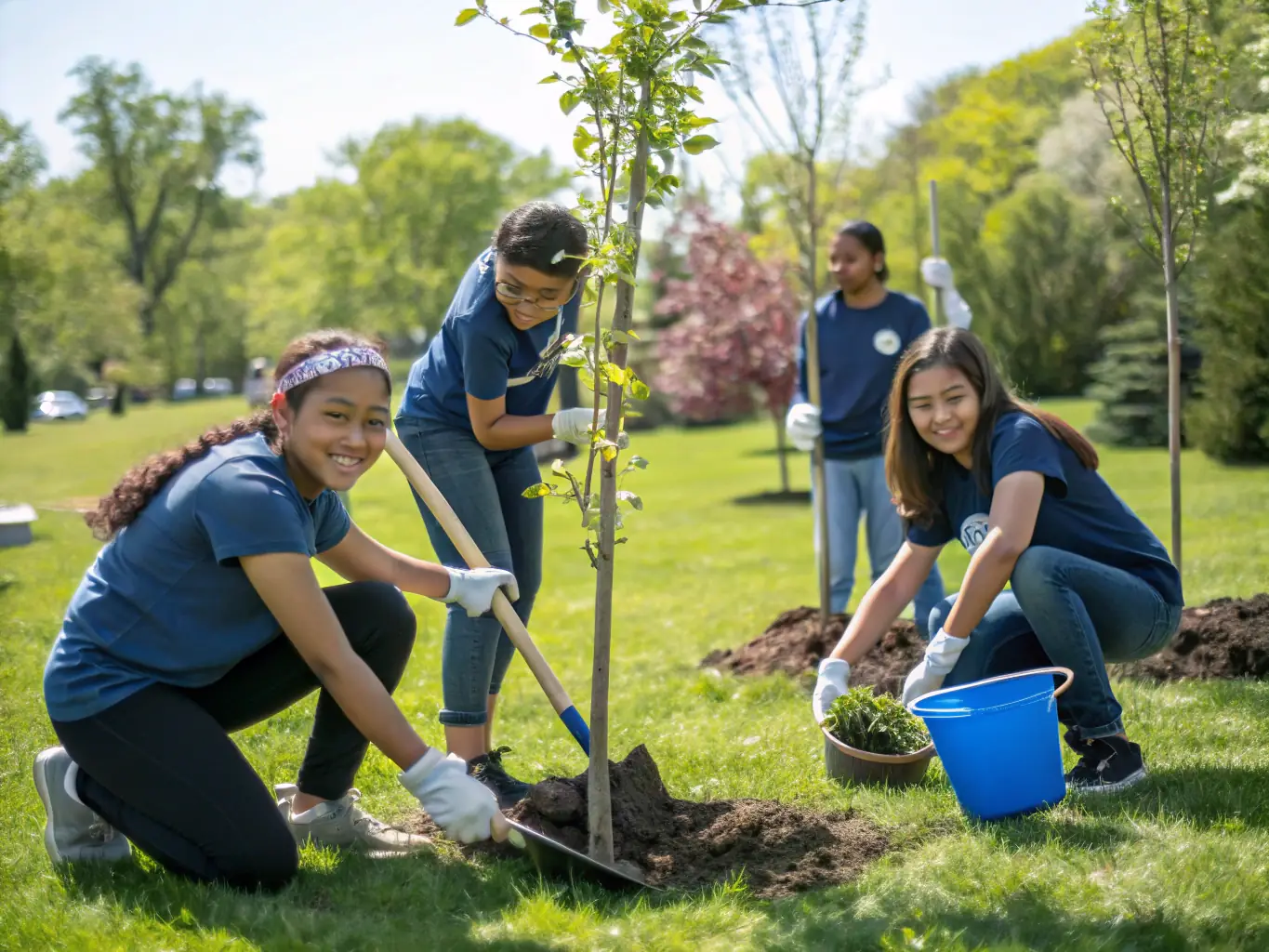 A group of children participating in a community service project, planting trees and cleaning up a local park, highlighting the association's commitment to civic responsibility.