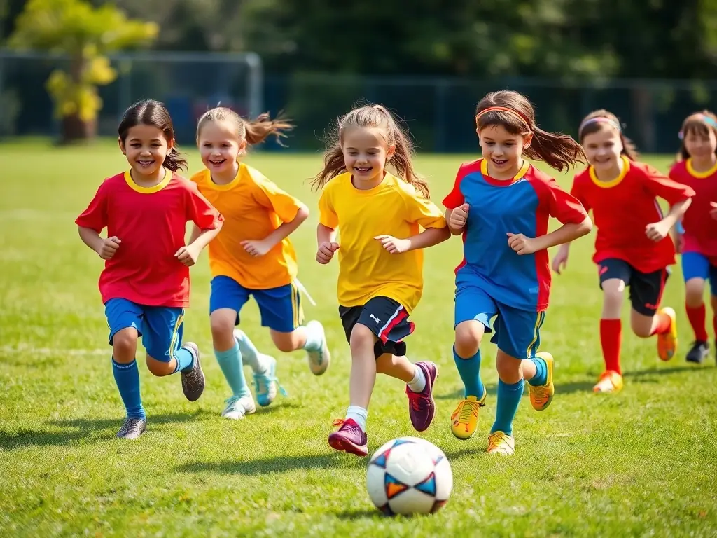 A group of children playing soccer on a sunny field, wearing sports uniforms and smiling, representing the association's sports program.