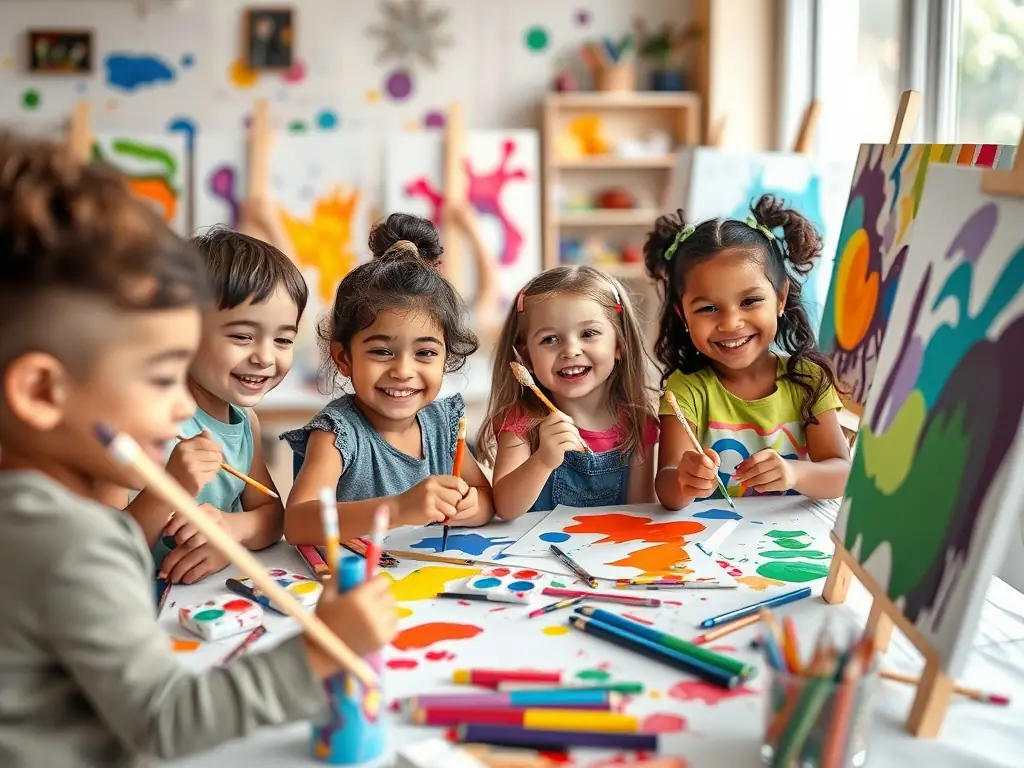 Children participating in an art workshop, painting and creating artwork, showcasing the association's cultural activities.