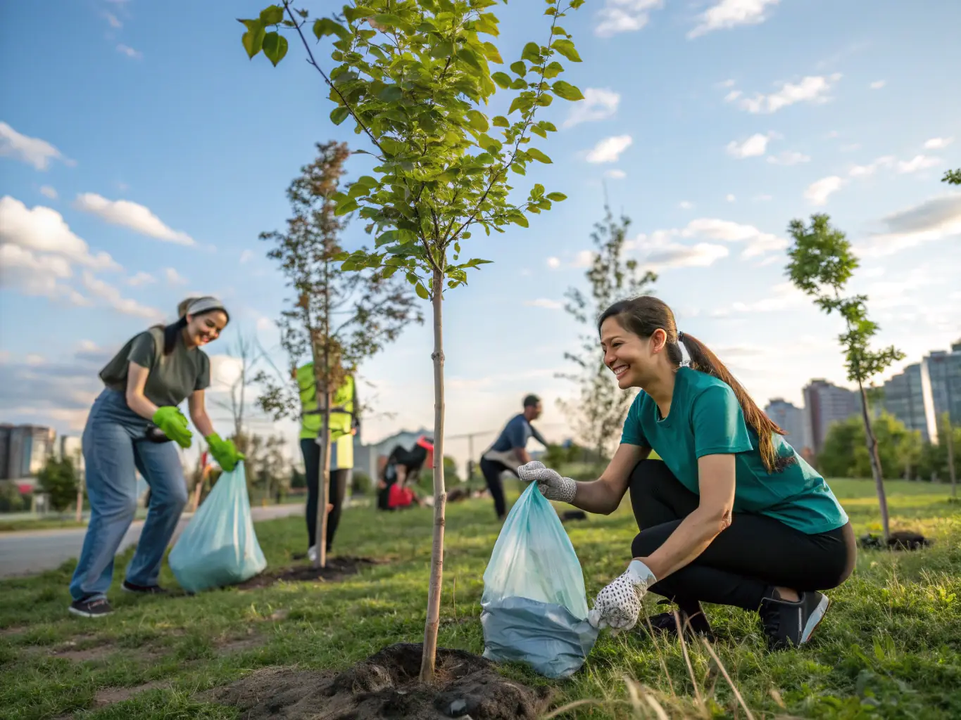 An image depicting children participating in a community service project, planting trees and cleaning up a local park with smiles on their faces.