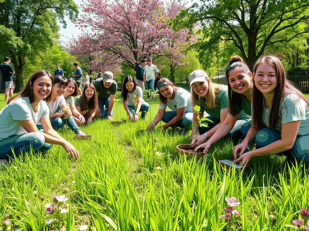 A group of young people working together on a community project, planting trees and cleaning up a local park, illustrating the association's community involvement.