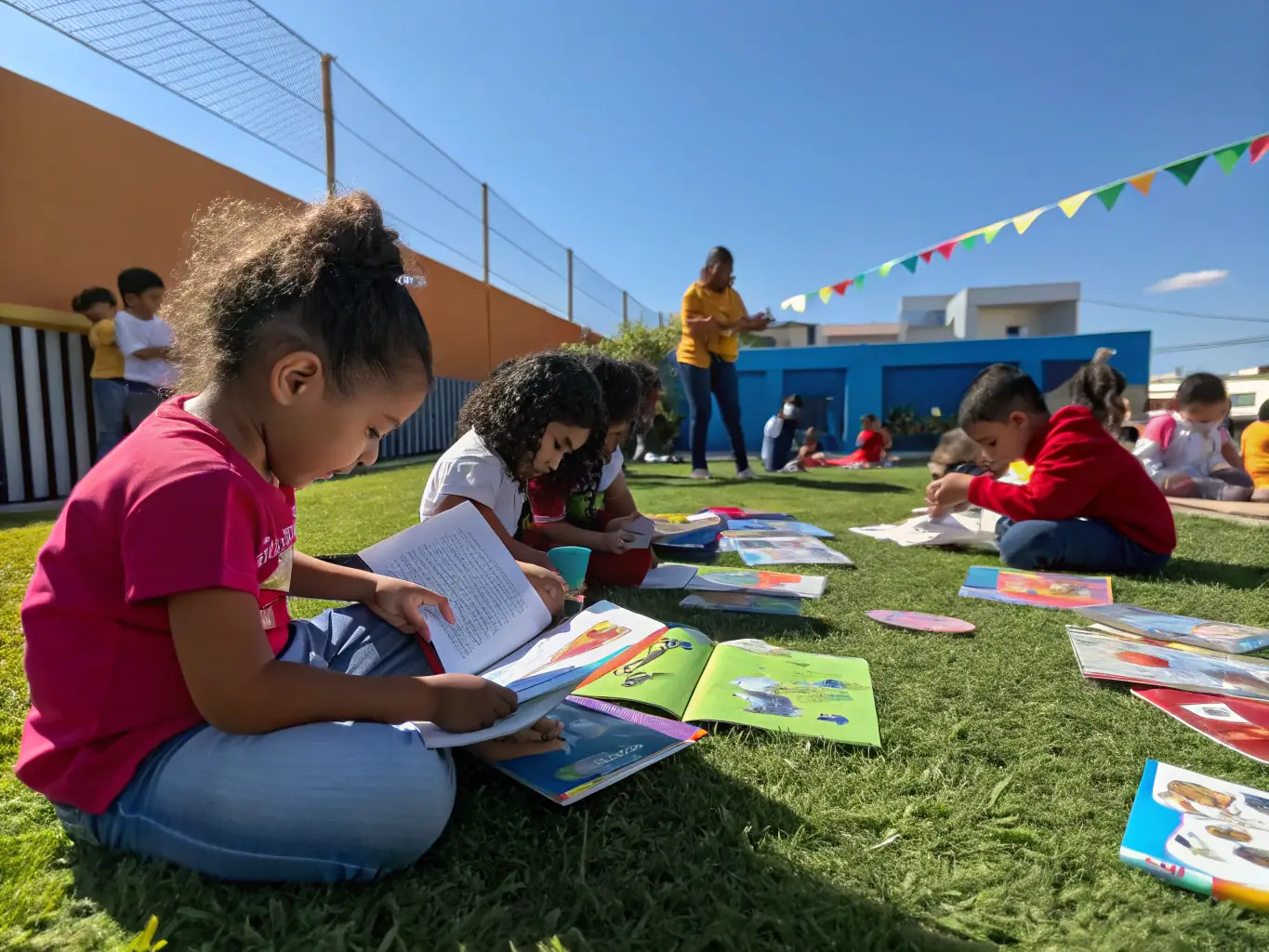 Children participating in an art workshop, painting and creating artwork, showcasing the cultural activities provided by the association.