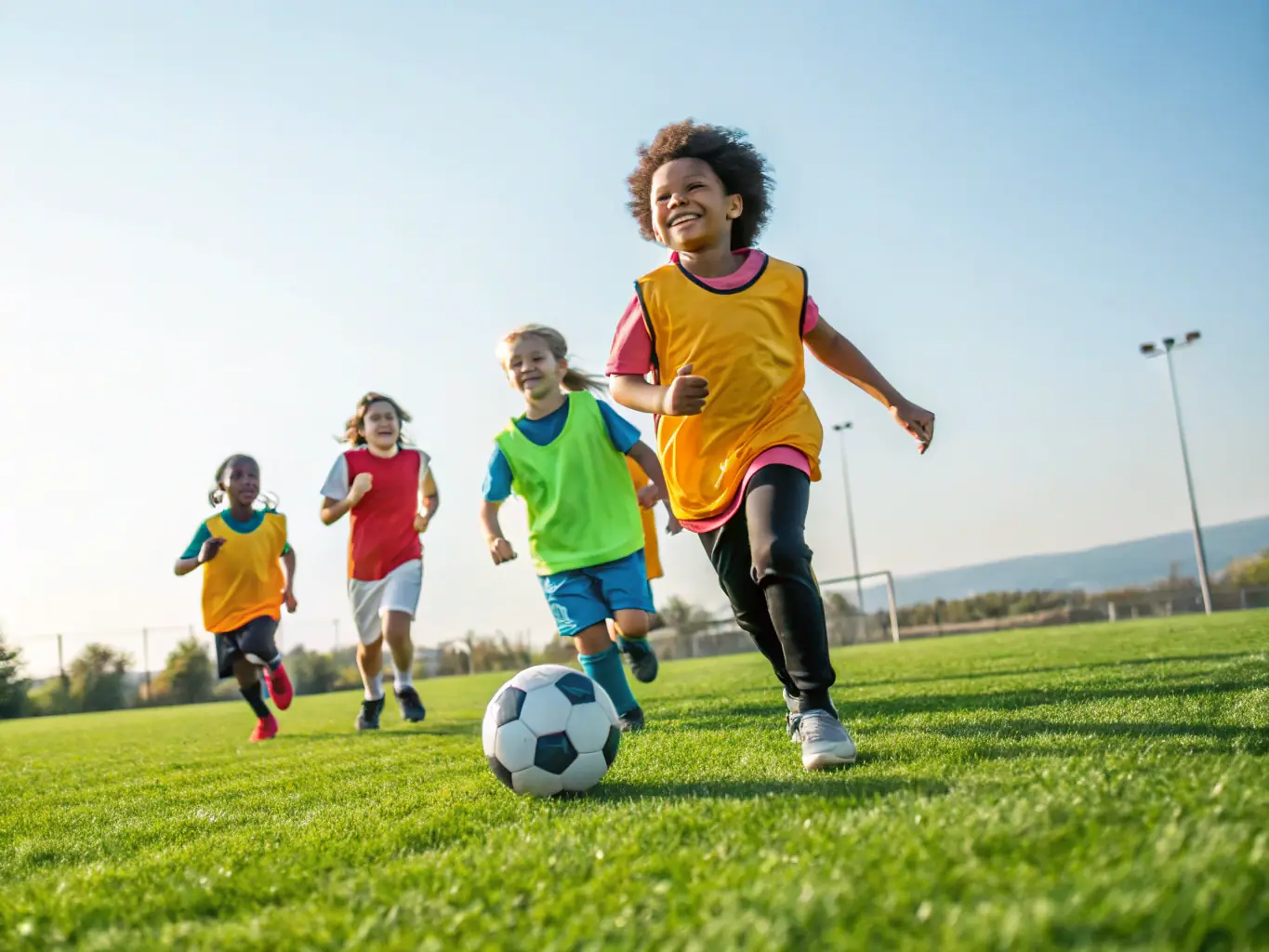 A group of children playing soccer on a sunny field, wearing sports uniforms and smiling, representing the fun and teamwork involved in the association's sports programs.