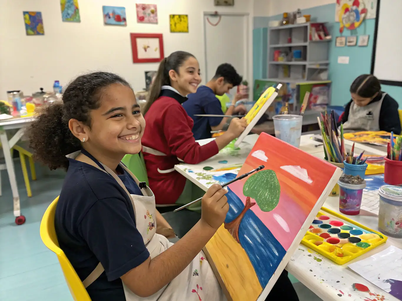 A photograph capturing children engaged in an art workshop, painting and creating artwork with enthusiasm and joy.