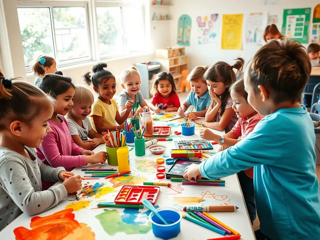 A diverse group of children participating in a cultural activity, such as painting or music, showcasing the association's commitment to cultural enrichment.