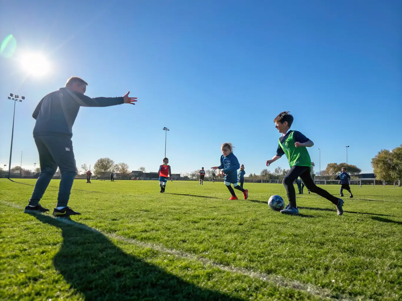 A group of children playing soccer on a sunny field, wearing sports uniforms and smiling, representing the sports programs offered by the association.